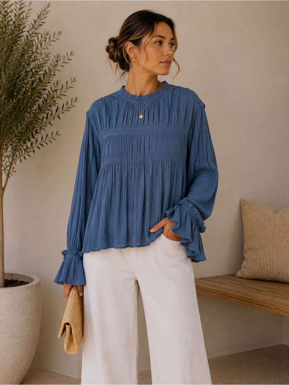 Free People Dusty Blue Smocked Ruffle Long-Sleeve Blouse
